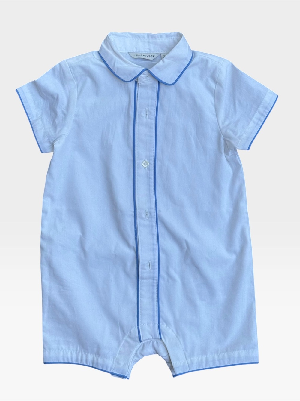 Janie and Jack Baby Boy White Romper Blue Piping 6-9M (great for christening!)
